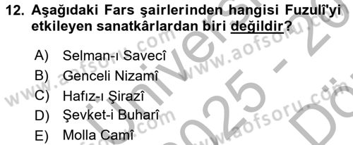 XVI. Yüzyıl Türk Edebiyatı Dersi 2025 - 2026 Yılı (Vize) Ara Sınav Soruları 12. Soru