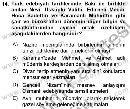 XVI. Yüzyıl Türk Edebiyatı Dersi 2025 - 2026 Yılı (Vize) Ara Sınav Soruları 14. Soru