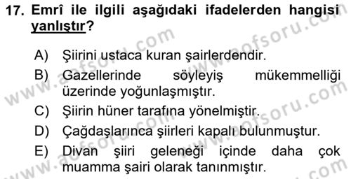 XVI. Yüzyıl Türk Edebiyatı Dersi 2025 - 2026 Yılı (Vize) Ara Sınav Soruları 17. Soru