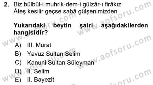 XVI. Yüzyıl Türk Edebiyatı Dersi 2025 - 2026 Yılı (Vize) Ara Sınav Soruları 2. Soru