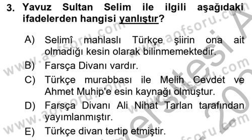 XVI. Yüzyıl Türk Edebiyatı Dersi 2025 - 2026 Yılı (Vize) Ara Sınav Soruları 3. Soru
