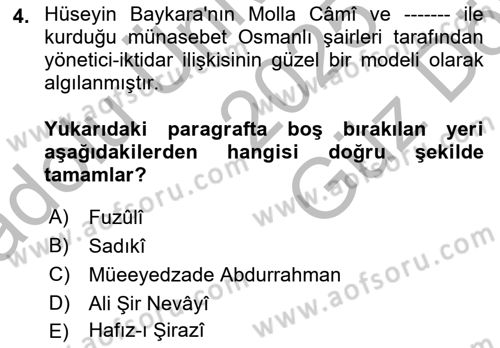 XVI. Yüzyıl Türk Edebiyatı Dersi 2025 - 2026 Yılı (Vize) Ara Sınav Soruları 4. Soru