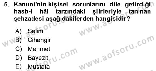 XVI. Yüzyıl Türk Edebiyatı Dersi 2025 - 2026 Yılı (Vize) Ara Sınav Soruları 5. Soru