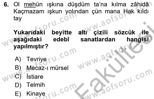 XVI. Yüzyıl Türk Edebiyatı Dersi 2025 - 2026 Yılı (Vize) Ara Sınav Soruları 6. Soru