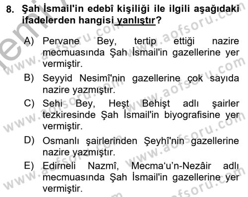XVI. Yüzyıl Türk Edebiyatı Dersi 2025 - 2026 Yılı (Vize) Ara Sınav Soruları 8. Soru