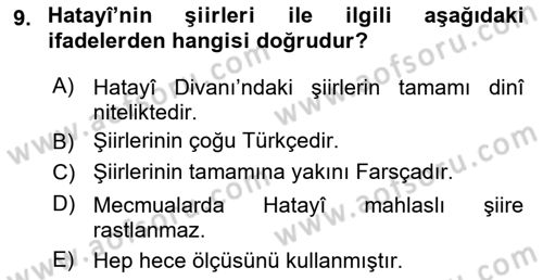 XVI. Yüzyıl Türk Edebiyatı Dersi 2025 - 2026 Yılı (Vize) Ara Sınav Soruları 9. Soru