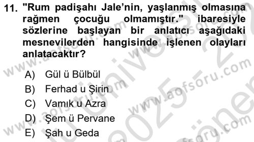 XVI. Yüzyıl Türk Edebiyatı Dersi 2025 - 2026 Yılı (Final) Dönem Sonu Sınav Soruları 11. Soru