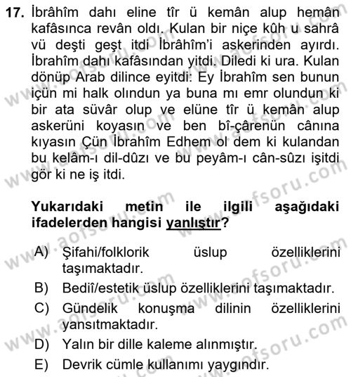XVI. Yüzyıl Türk Edebiyatı Dersi 2025 - 2026 Yılı (Final) Dönem Sonu Sınav Soruları 17. Soru