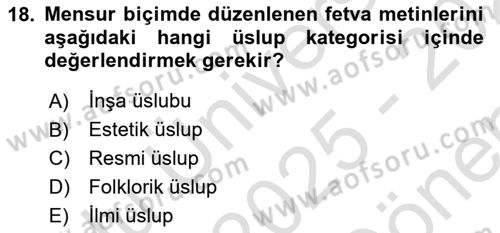 XVI. Yüzyıl Türk Edebiyatı Dersi 2025 - 2026 Yılı (Final) Dönem Sonu Sınav Soruları 18. Soru