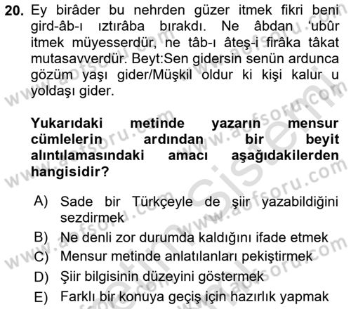 XVI. Yüzyıl Türk Edebiyatı Dersi 2025 - 2026 Yılı (Final) Dönem Sonu Sınav Soruları 20. Soru