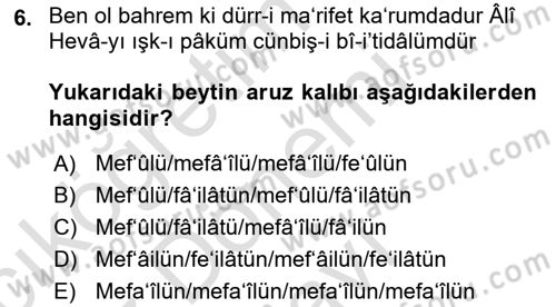 XVI. Yüzyıl Türk Edebiyatı Dersi 2025 - 2026 Yılı (Final) Dönem Sonu Sınav Soruları 6. Soru