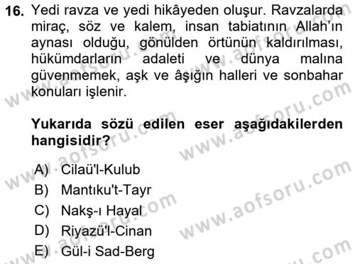 XVI. Yüzyıl Türk Edebiyatı Dersi 2025 - 2026 Yılı Yaz Okulu Sınav Soruları 16. Soru