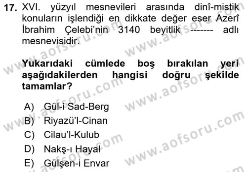 XVI. Yüzyıl Türk Edebiyatı Dersi 2025 - 2026 Yılı Yaz Okulu Sınav Soruları 17. Soru