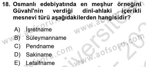 XVI. Yüzyıl Türk Edebiyatı Dersi 2025 - 2026 Yılı Yaz Okulu Sınav Soruları 18. Soru