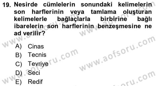 XVI. Yüzyıl Türk Edebiyatı Dersi 2025 - 2026 Yılı Yaz Okulu Sınav Soruları 19. Soru