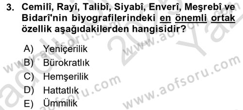XVI. Yüzyıl Türk Edebiyatı Dersi 2025 - 2026 Yılı Yaz Okulu Sınav Soruları 3. Soru
