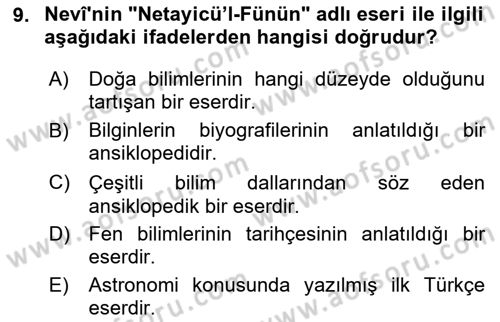 XVI. Yüzyıl Türk Edebiyatı Dersi 2025 - 2026 Yılı Yaz Okulu Sınav Soruları 9. Soru