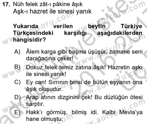 XVII. Yüzyıl Türk Edebiyatı Dersi 2016 - 2017 Yılı 3 Ders Sınavı 17. Soru