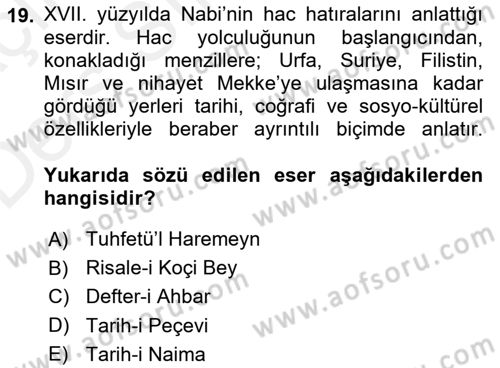 XVII. Yüzyıl Türk Edebiyatı Dersi 2017 - 2018 Yılı 3 Ders Sınavı 19. Soru