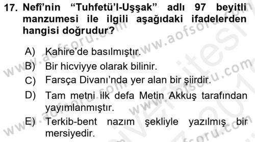 XVII. Yüzyıl Türk Edebiyatı Dersi 2017 - 2018 Yılı (Vize) Ara Sınavı 17. Soru