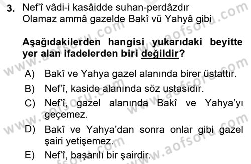 XVII. Yüzyıl Türk Edebiyatı Dersi 2017 - 2018 Yılı (Vize) Ara Sınavı 3. Soru