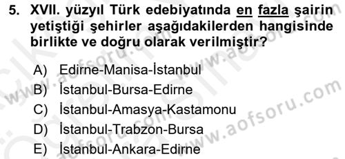 XVII. Yüzyıl Türk Edebiyatı Dersi 2017 - 2018 Yılı (Vize) Ara Sınav Soruları 5. Soru