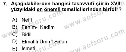 XVII. Yüzyıl Türk Edebiyatı Dersi 2017 - 2018 Yılı (Vize) Ara Sınav Soruları 7. Soru