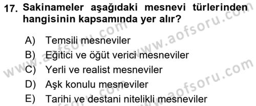 XVII. Yüzyıl Türk Edebiyatı Dersi 2017 - 2018 Yılı (Final) Dönem Sonu Sınav Soruları 17. Soru