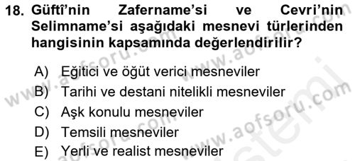 XVII. Yüzyıl Türk Edebiyatı Dersi 2017 - 2018 Yılı (Final) Dönem Sonu Sınav Soruları 18. Soru