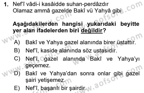 XVII. Yüzyıl Türk Edebiyatı Dersi 2018 - 2019 Yılı (Vize) Ara Sınav Soruları 1. Soru