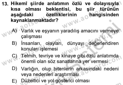 XVII. Yüzyıl Türk Edebiyatı Dersi 2018 - 2019 Yılı Yaz Okulu Sınav Soruları 13. Soru