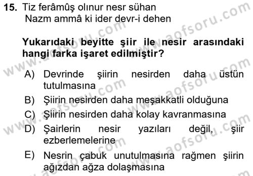 XVII. Yüzyıl Türk Edebiyatı Dersi 2018 - 2019 Yılı Yaz Okulu Sınav Soruları 15. Soru