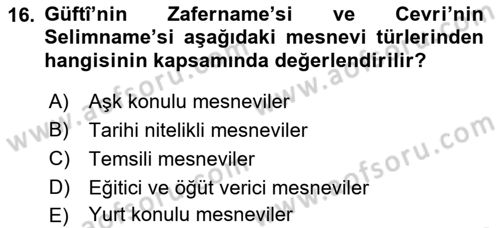 XVII. Yüzyıl Türk Edebiyatı Dersi 2018 - 2019 Yılı Yaz Okulu Sınav Soruları 16. Soru