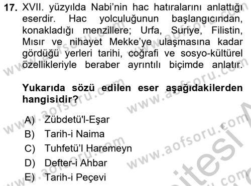 XVII. Yüzyıl Türk Edebiyatı Dersi 2018 - 2019 Yılı Yaz Okulu Sınav Soruları 17. Soru