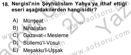 XVII. Yüzyıl Türk Edebiyatı Dersi 2018 - 2019 Yılı Yaz Okulu Sınav Soruları 18. Soru