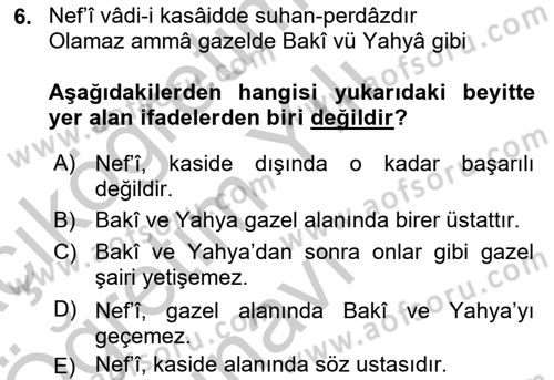 XVII. Yüzyıl Türk Edebiyatı Dersi 2018 - 2019 Yılı Yaz Okulu Sınav Soruları 6. Soru