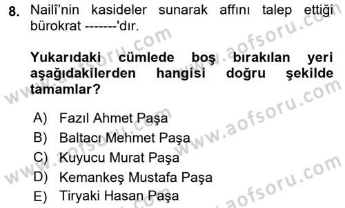 XVII. Yüzyıl Türk Edebiyatı Dersi 2018 - 2019 Yılı Yaz Okulu Sınav Soruları 8. Soru