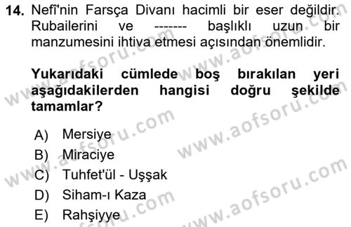 XVII. Yüzyıl Türk Edebiyatı Dersi 2021 - 2022 Yılı (Vize) Ara Sınav Soruları 14. Soru