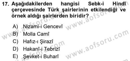 XVII. Yüzyıl Türk Edebiyatı Dersi 2021 - 2022 Yılı (Vize) Ara Sınavı 17. Soru