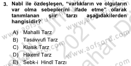 XVII. Yüzyıl Türk Edebiyatı Dersi 2021 - 2022 Yılı (Vize) Ara Sınav Soruları 3. Soru
