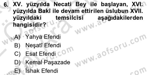 XVII. Yüzyıl Türk Edebiyatı Dersi 2021 - 2022 Yılı (Vize) Ara Sınav Soruları 6. Soru