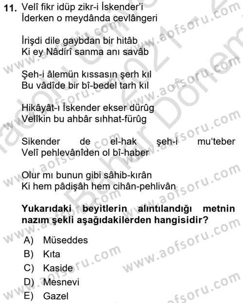 XVII. Yüzyıl Türk Edebiyatı Dersi 2021 - 2022 Yılı (Final) Dönem Sonu Sınavı 11. Soru