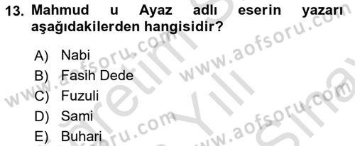 XVII. Yüzyıl Türk Edebiyatı Dersi 2021 - 2022 Yılı (Final) Dönem Sonu Sınavı 13. Soru