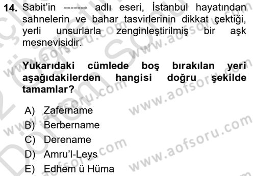 XVII. Yüzyıl Türk Edebiyatı Dersi 2021 - 2022 Yılı (Final) Dönem Sonu Sınavı 14. Soru