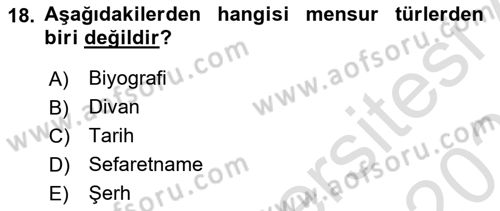 XVII. Yüzyıl Türk Edebiyatı Dersi 2021 - 2022 Yılı (Final) Dönem Sonu Sınavı 18. Soru