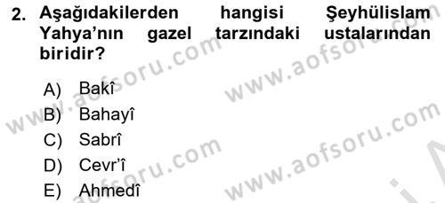 XVII. Yüzyıl Türk Edebiyatı Dersi 2021 - 2022 Yılı (Final) Dönem Sonu Sınavı 2. Soru