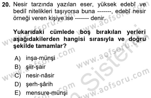 XVII. Yüzyıl Türk Edebiyatı Dersi 2021 - 2022 Yılı (Final) Dönem Sonu Sınavı 20. Soru