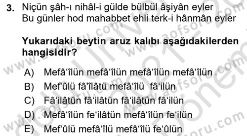 XVII. Yüzyıl Türk Edebiyatı Dersi 2021 - 2022 Yılı (Final) Dönem Sonu Sınavı 3. Soru