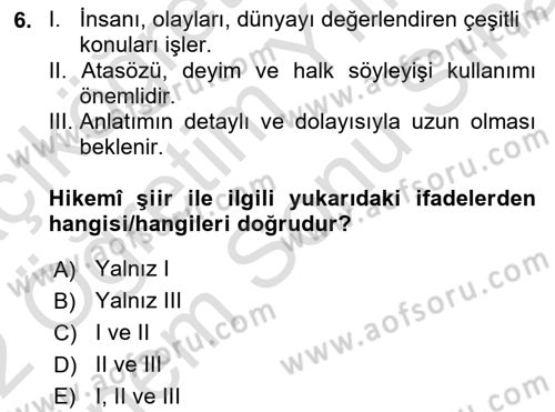 XVII. Yüzyıl Türk Edebiyatı Dersi 2021 - 2022 Yılı (Final) Dönem Sonu Sınavı 6. Soru