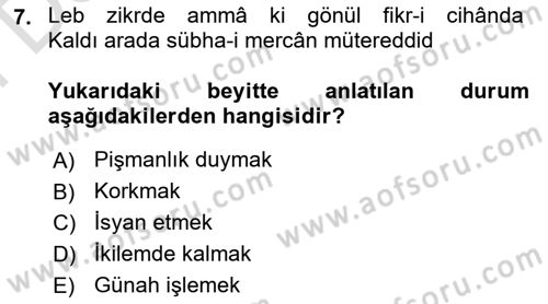 XVII. Yüzyıl Türk Edebiyatı Dersi 2021 - 2022 Yılı (Final) Dönem Sonu Sınavı 7. Soru